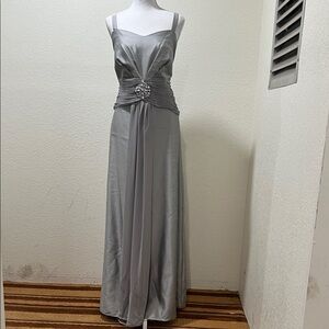 Jessica Howard Silver Satin Maxi Dress with Jeweled Waist